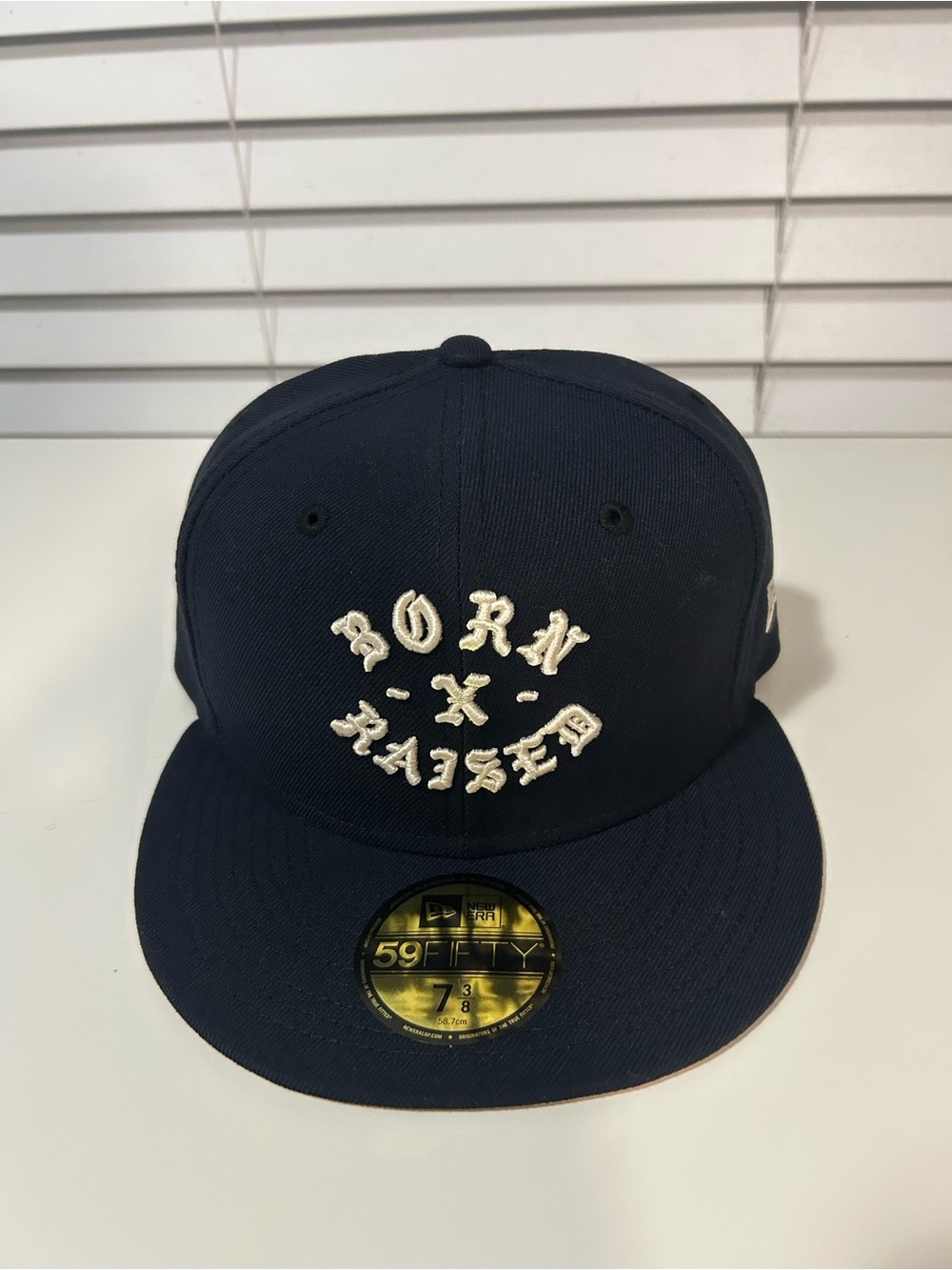 New Era 59FIFTY Born X
Raised BXR Logo Navy Fitted
Baseball Cap Men 7 3/8